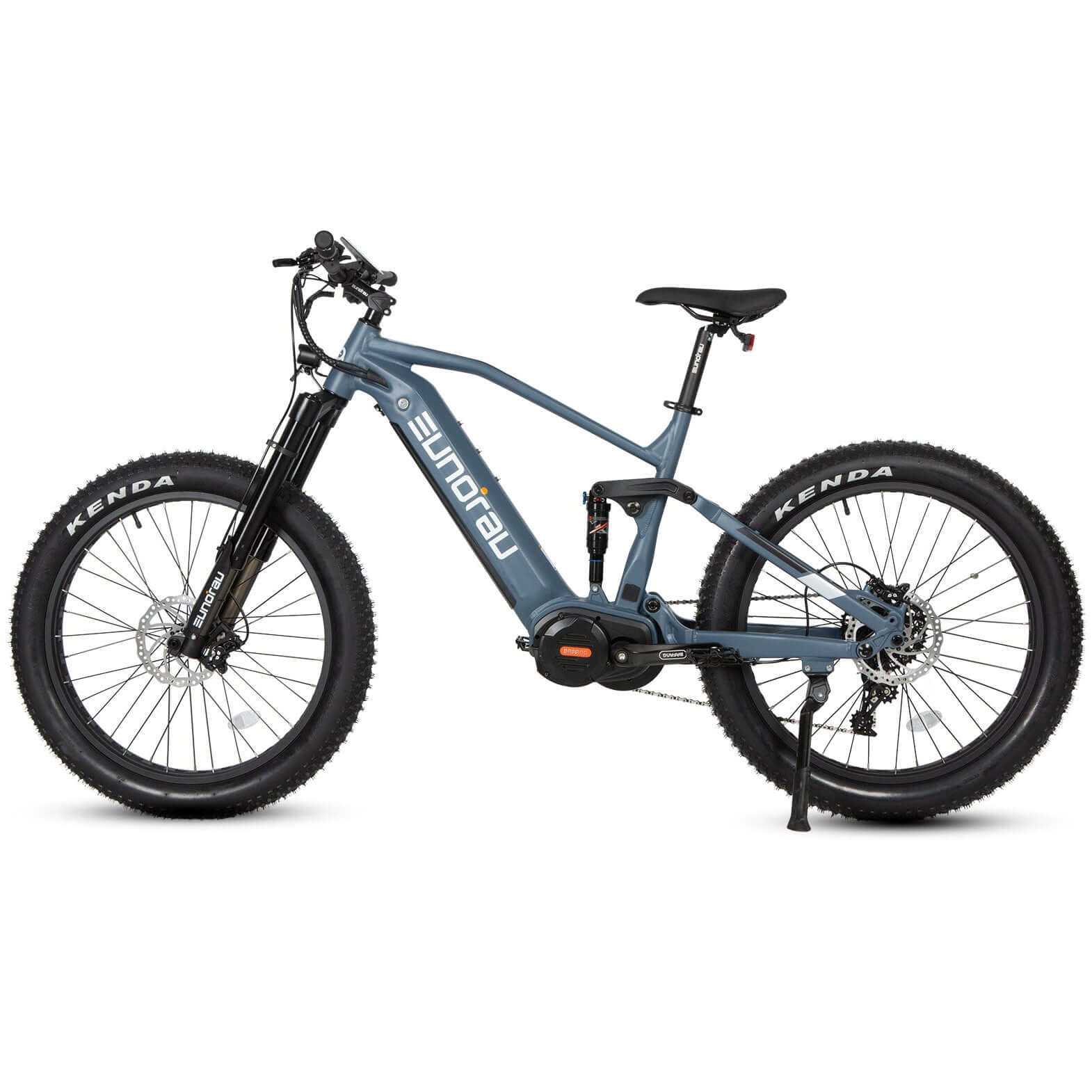 Blue electric bike with 'Sunrau' branding on a white background