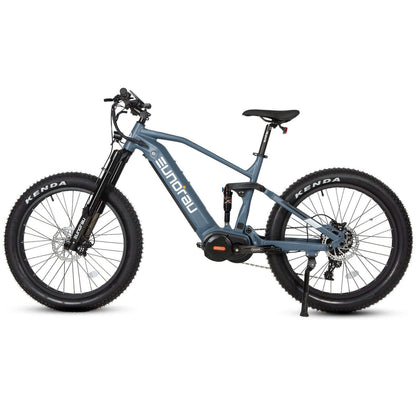 Blue electric bike with 'Sunrau' branding on a white background