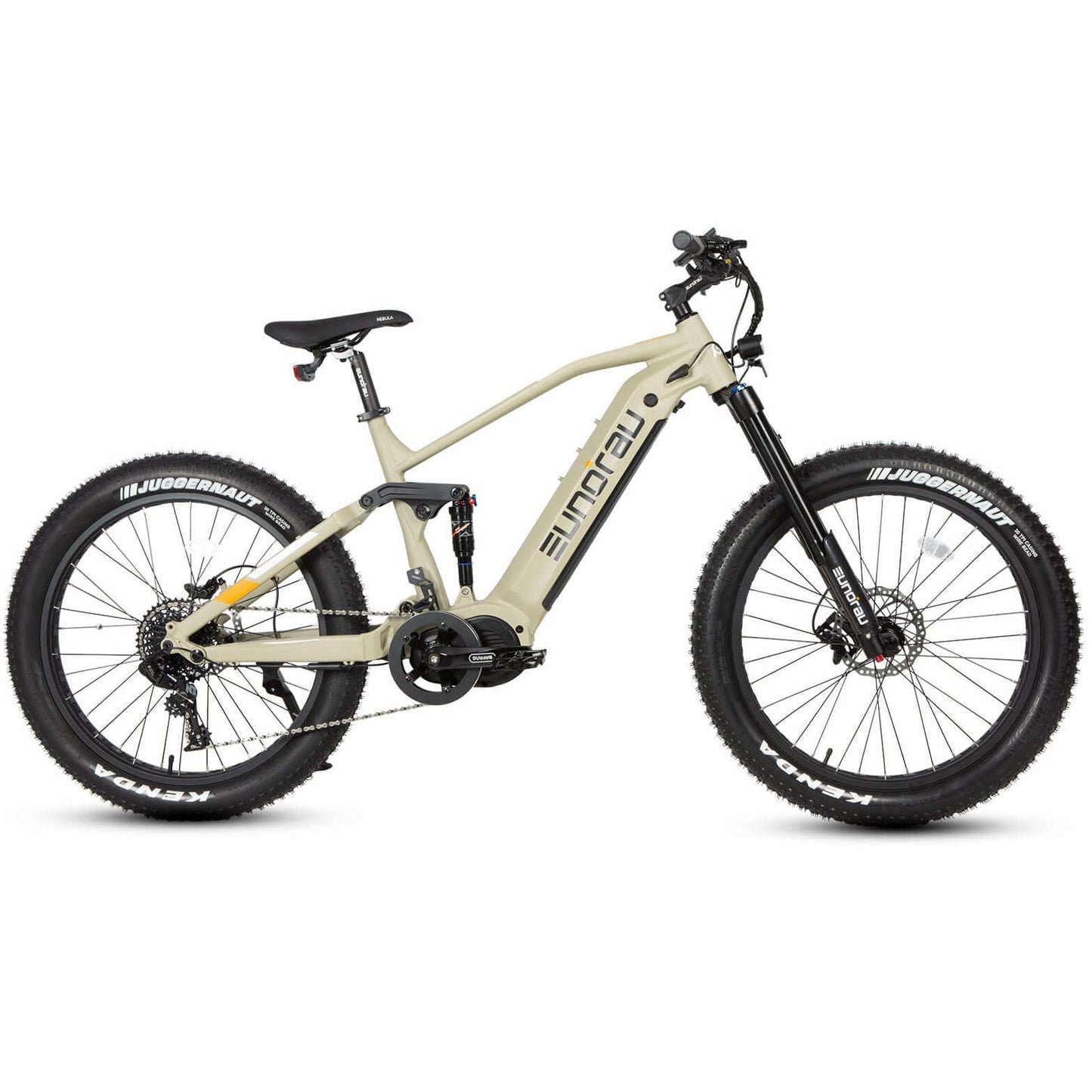 Beige electric bike with black wheels on a white background