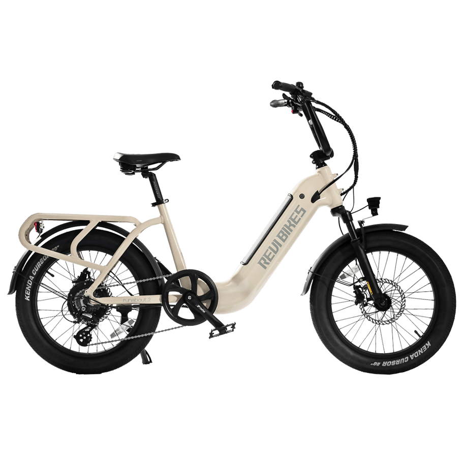 Beige electric bike with black wheels on a white background