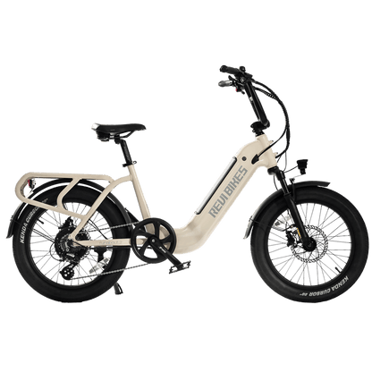 Beige electric bike with black wheels on a white background