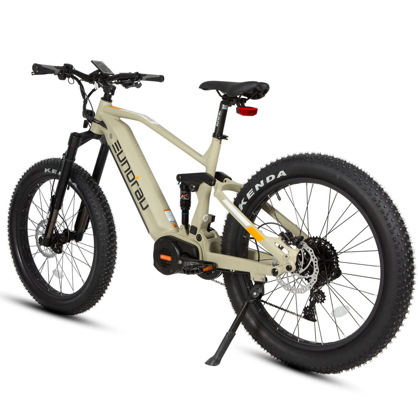 Beige electric bike with black components on a white background