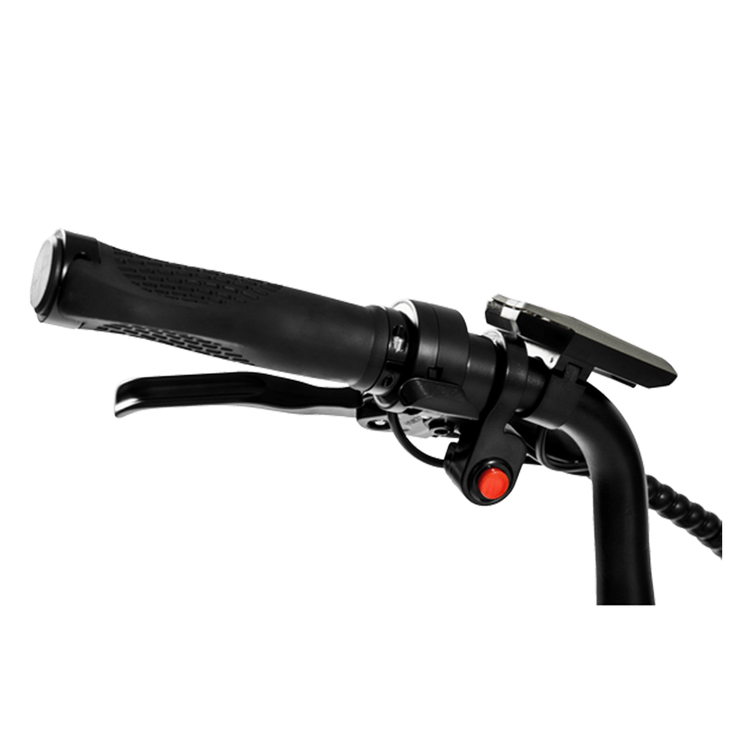 Close-up of a black scooter handlebar with throttle on a white background