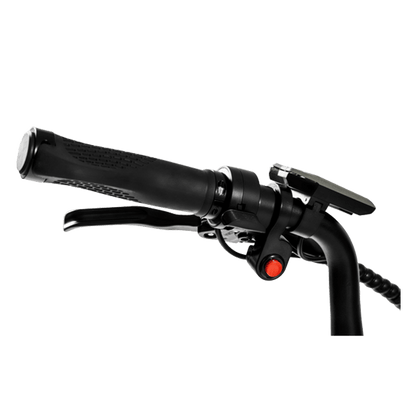 Close-up of a black scooter handlebar with throttle on a white background