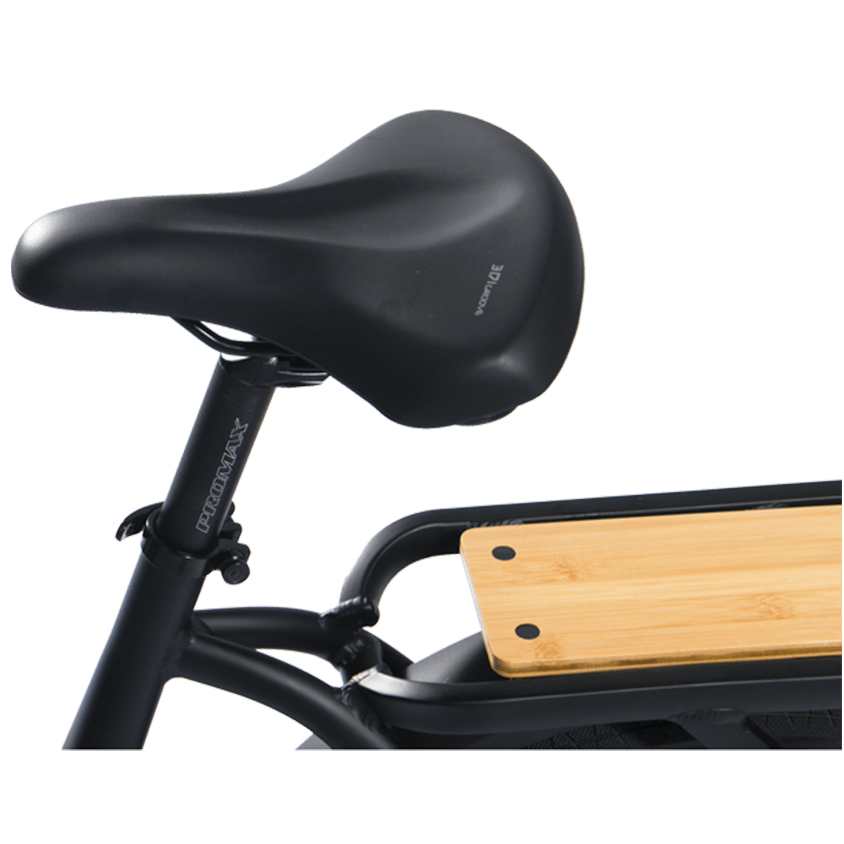 Black bicycle seat with wooden platform on a white background