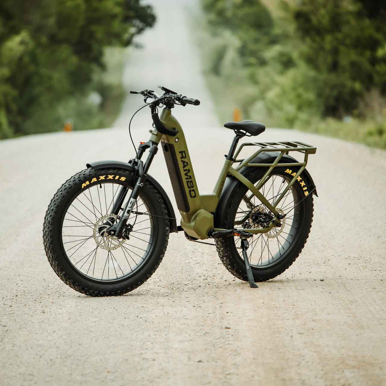 Electric bike on a gravel road with greenery in the background
