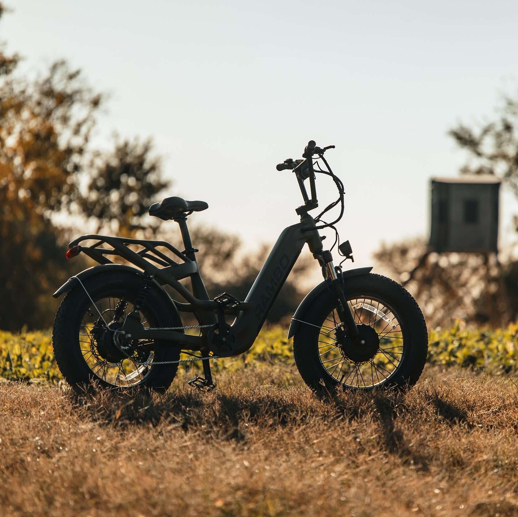 Electric bike in a field with trees and a building in the background