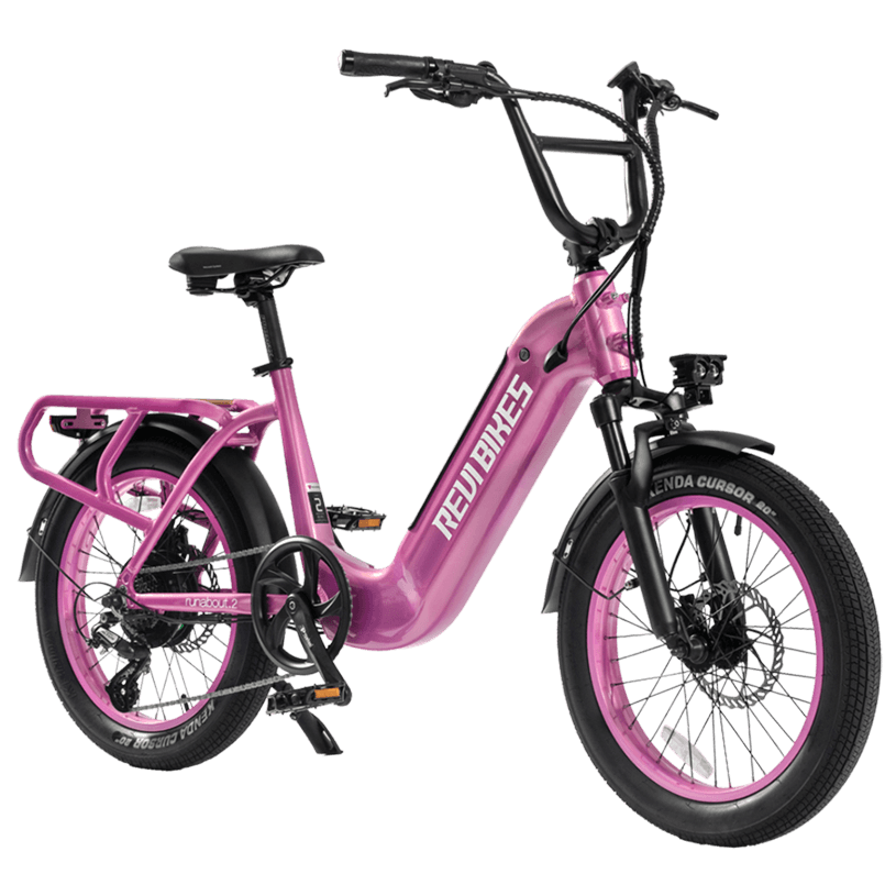 Pink electric bike with 'NEWBIKE' branding on a white background