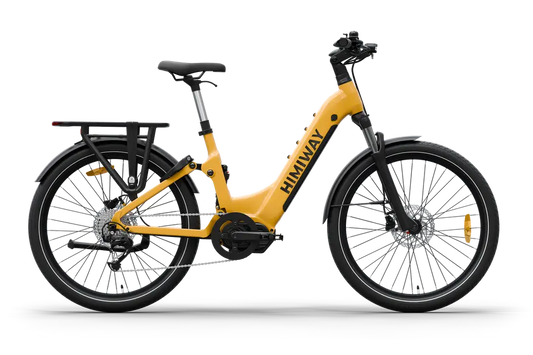 Yellow electric bicycle with 'Himawari' branding on a white background