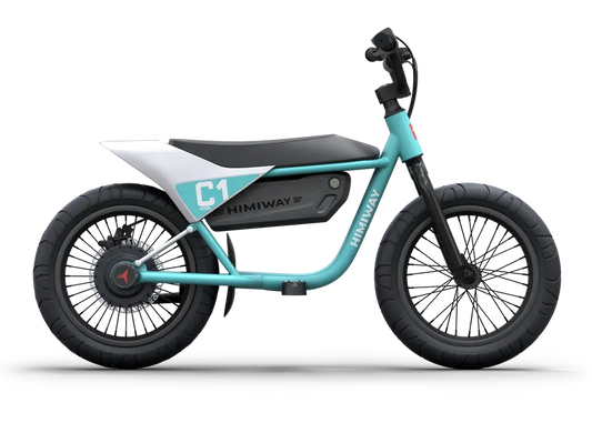 Children's balance bike with teal frame and black wheels on a white background