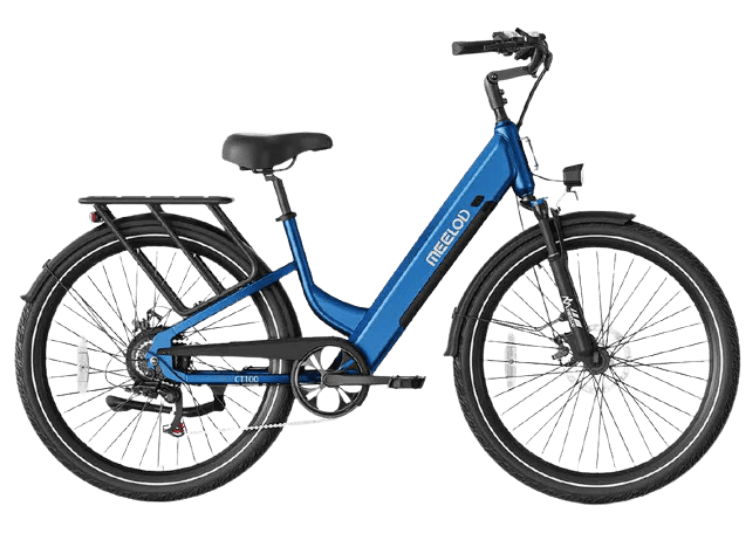 Blue electric bicycle with 'Mileodo' branding on a white background