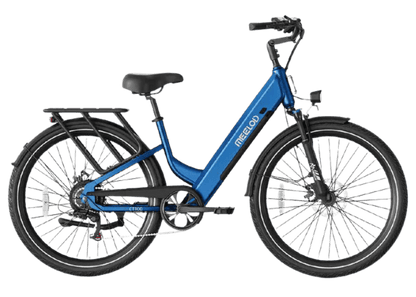 Blue electric bicycle with 'Mileodo' branding on a white background