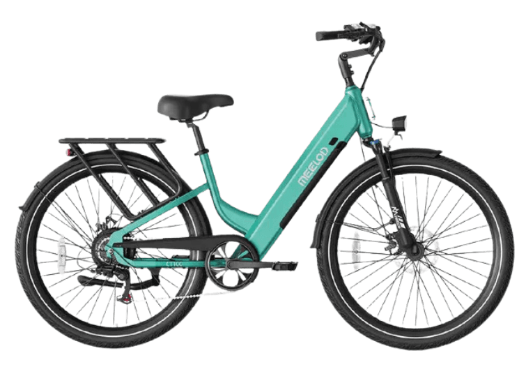 Teal electric bicycle on a white background