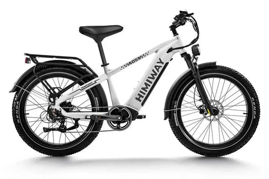 White electric bike with black wheels on a white background, featuring the brand 'HIMIWAY'.