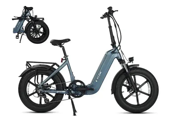 Electric bike with a smaller inset image of the same bike folded.