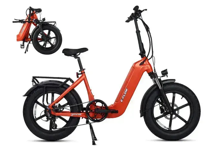 An orange electric bicycle with black components, shown in a side profile on a white background, with a smaller inset image in the top-left showing the folded version of the bike.