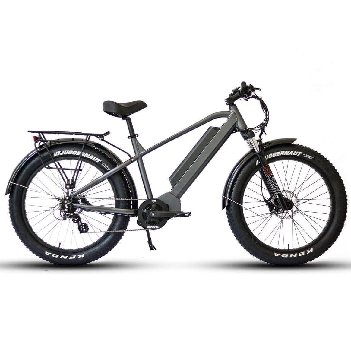 A dark gray electric fat tire bike with a black seat, black fenders, and knobby tires, shown from a side profile on a white background.