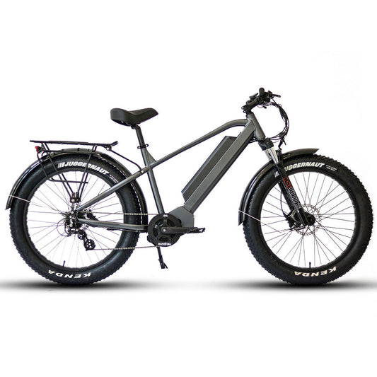 A dark gray electric fat tire bike with a black seat, black fenders, and knobby tires, shown from a side profile on a white background.
