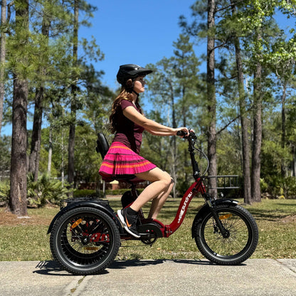 Person riding a tricycle in a park with trees and clear sky