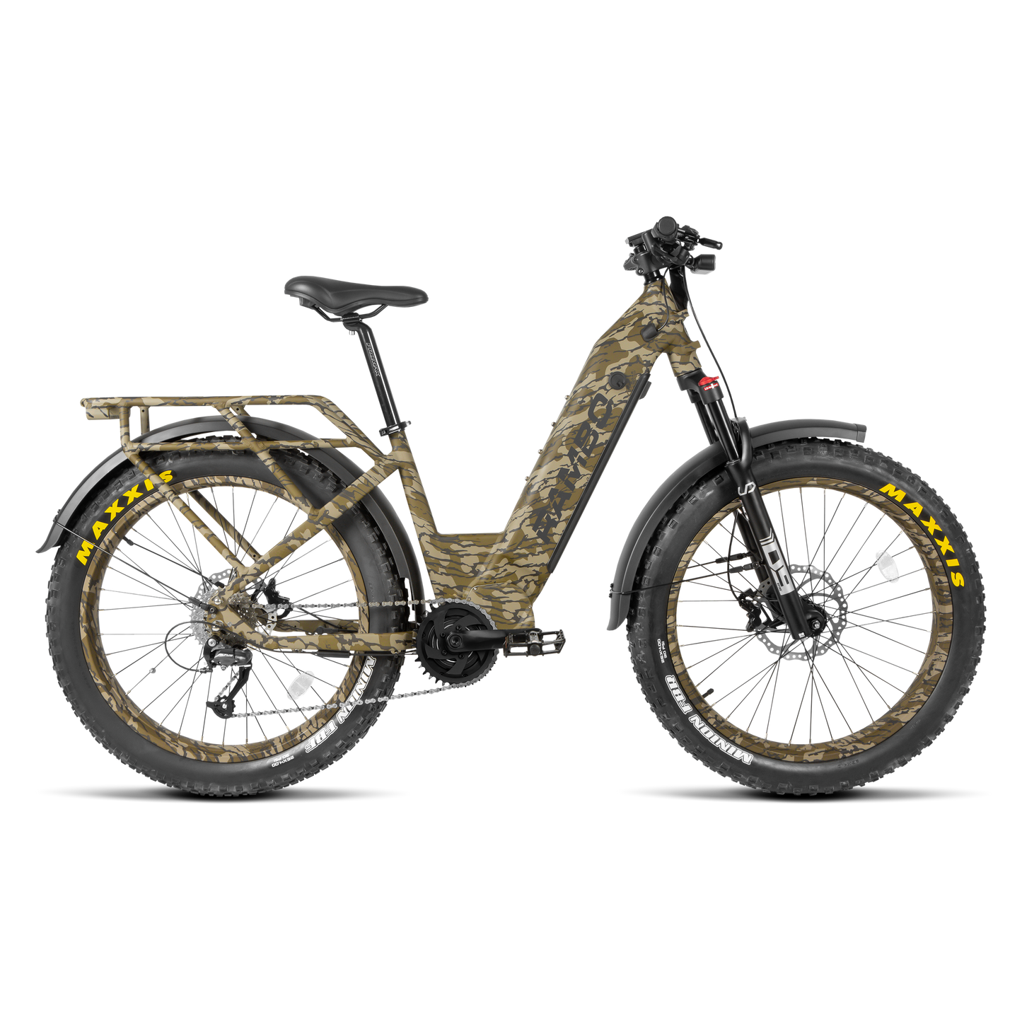 Camouflage-patterned electric bike on a white background
