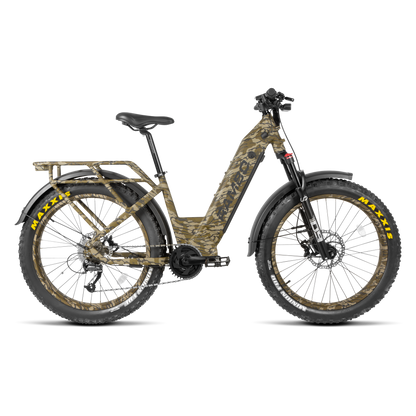 Camouflage-patterned electric bike on a white background