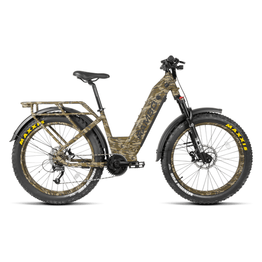 Camouflage-patterned electric bike on a white background