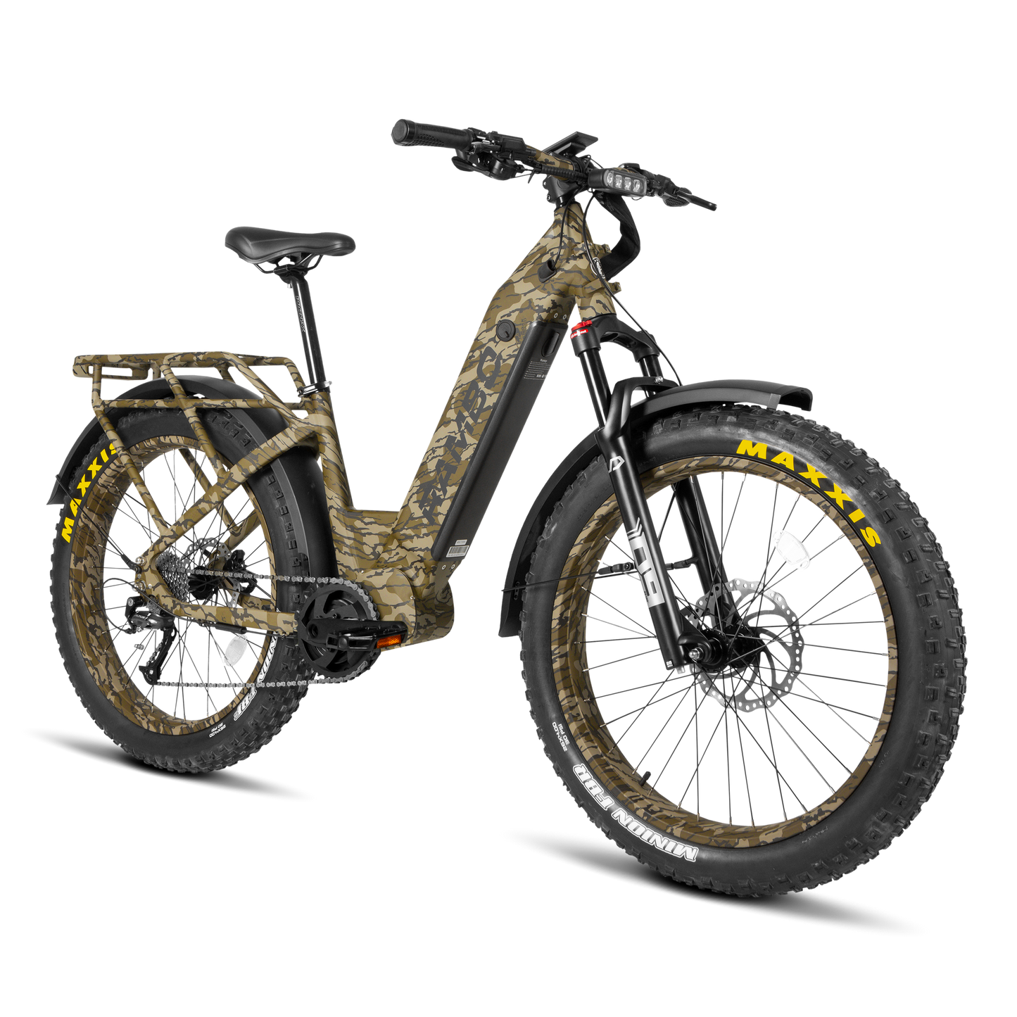 Camouflage electric bike with Maxxis tires on a white background