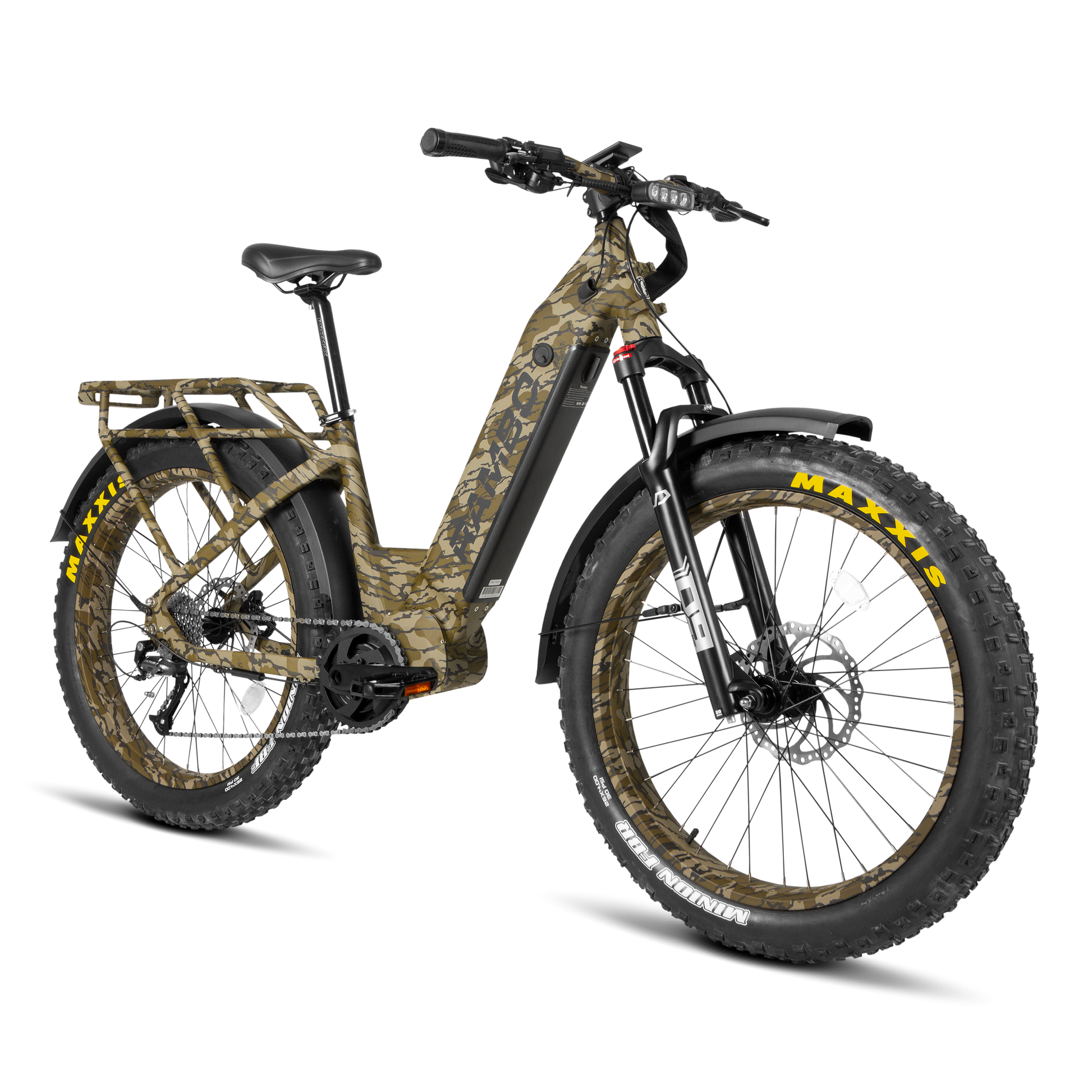 Camouflage electric bike with Maxxis tires on a white background