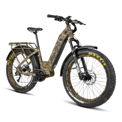 Camouflage electric bike with Maxxis tires on a white background