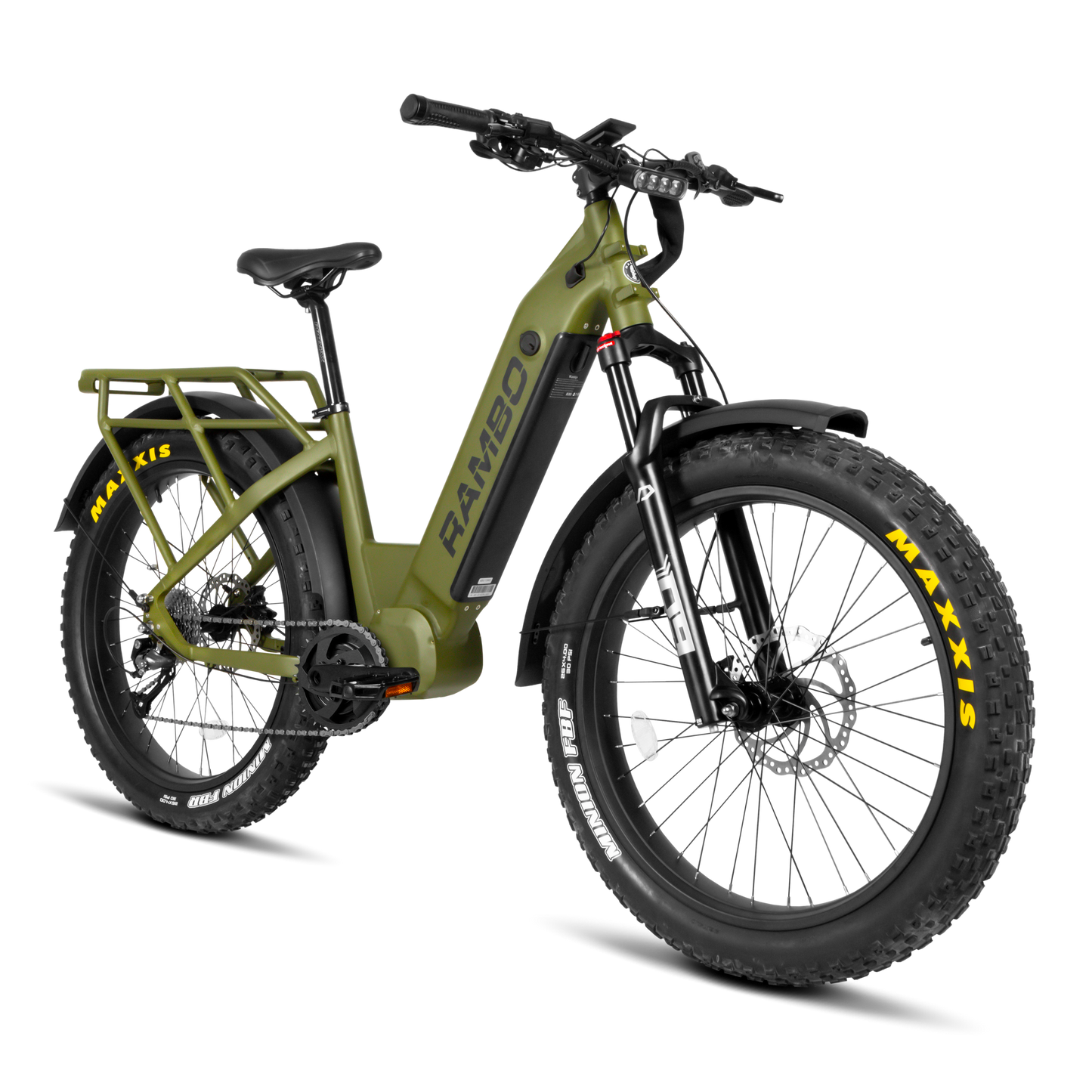 Green electric bike with 'RANBO' branding on a white background