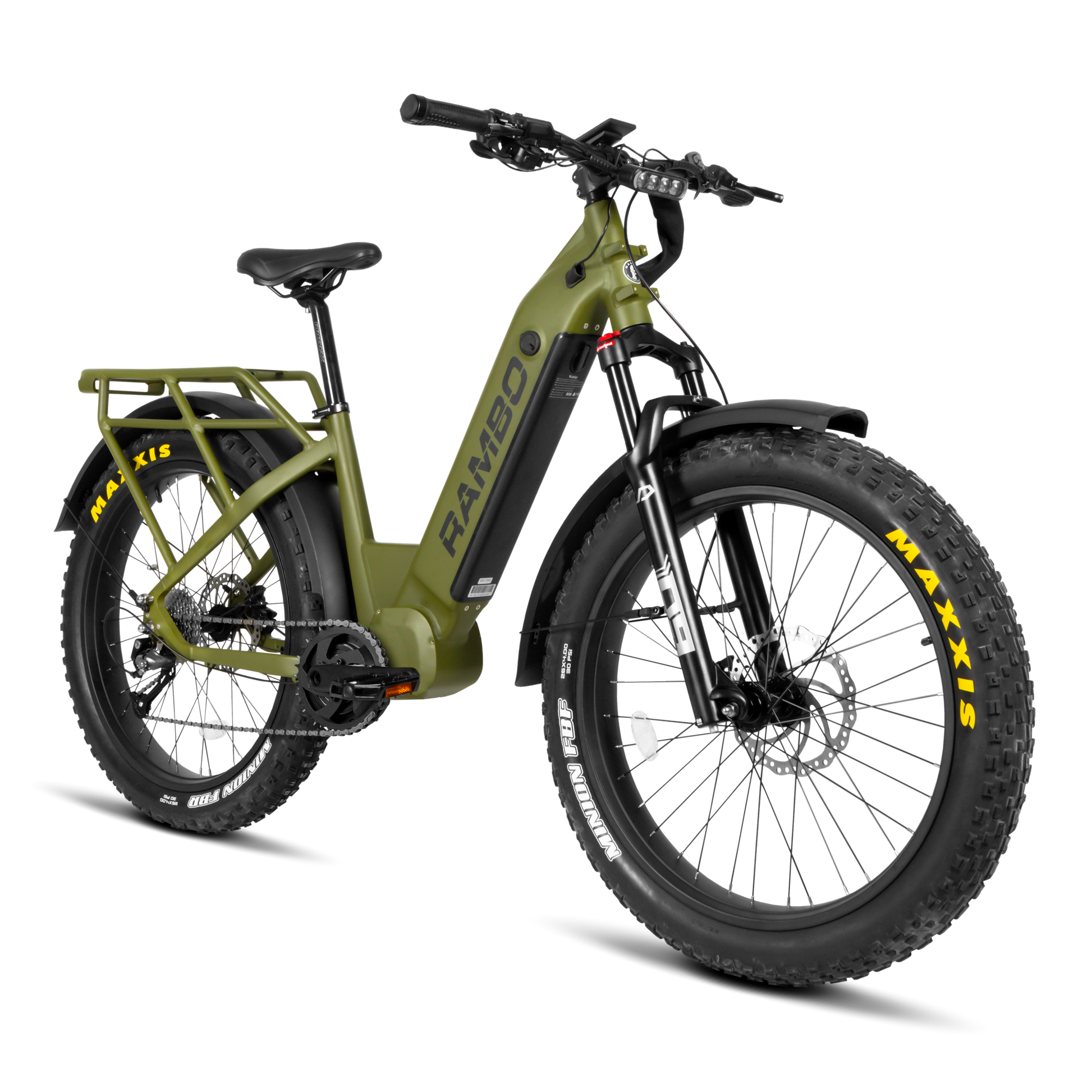 Green electric bike with 'RANBO' branding on a white background