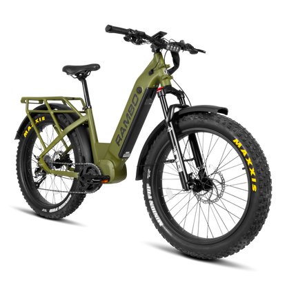 Green electric bike with 'RANBO' branding on a white background