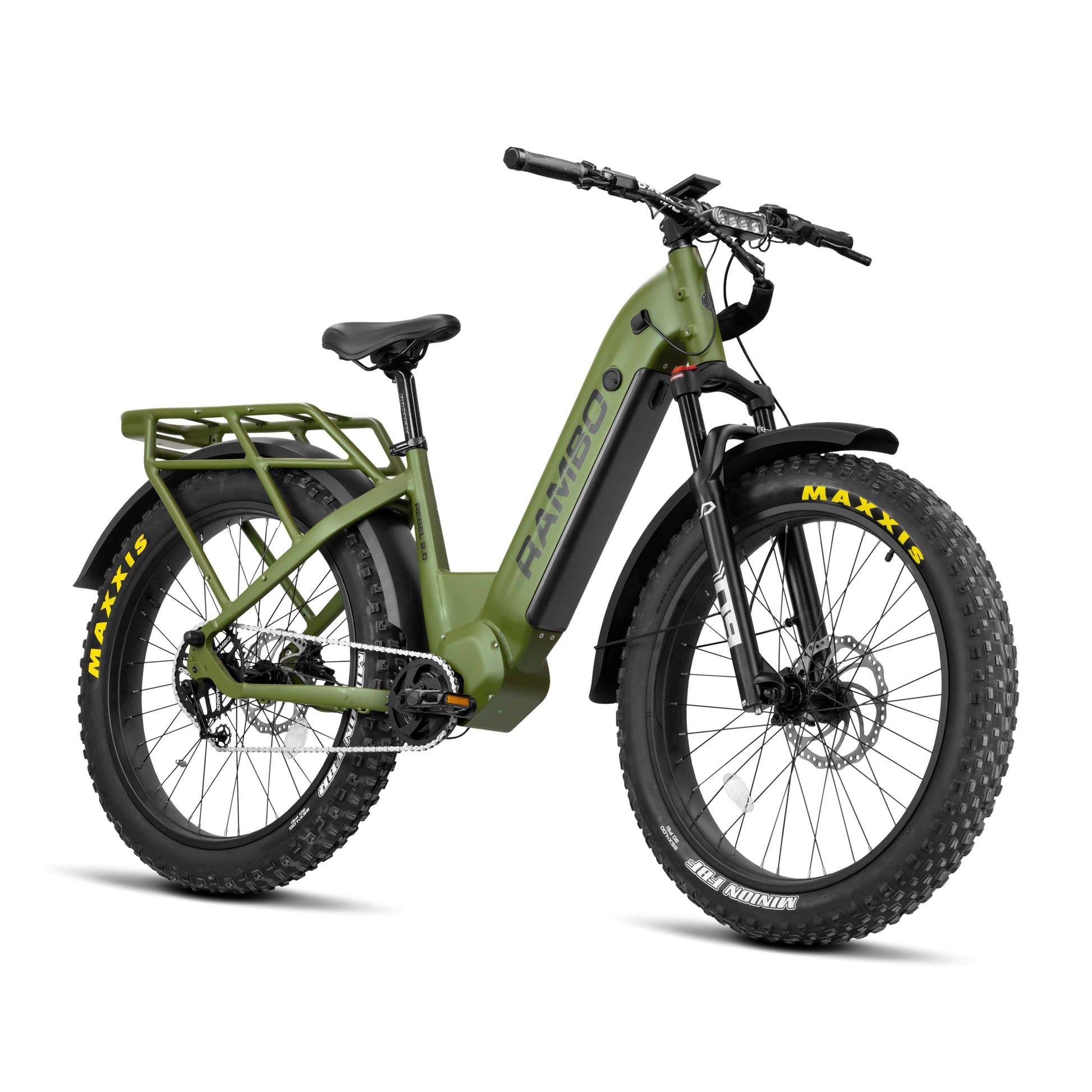 Green electric bike with Maxxis tires on a white background