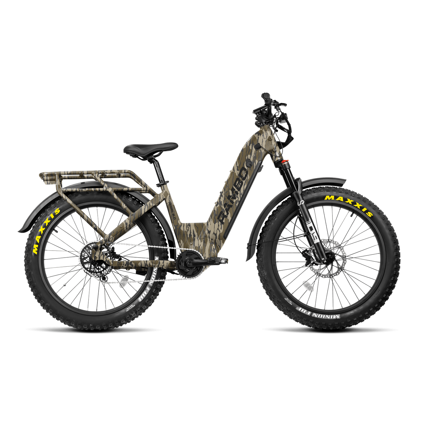 Camouflage-patterned electric bike with Maxxis tires on a white background