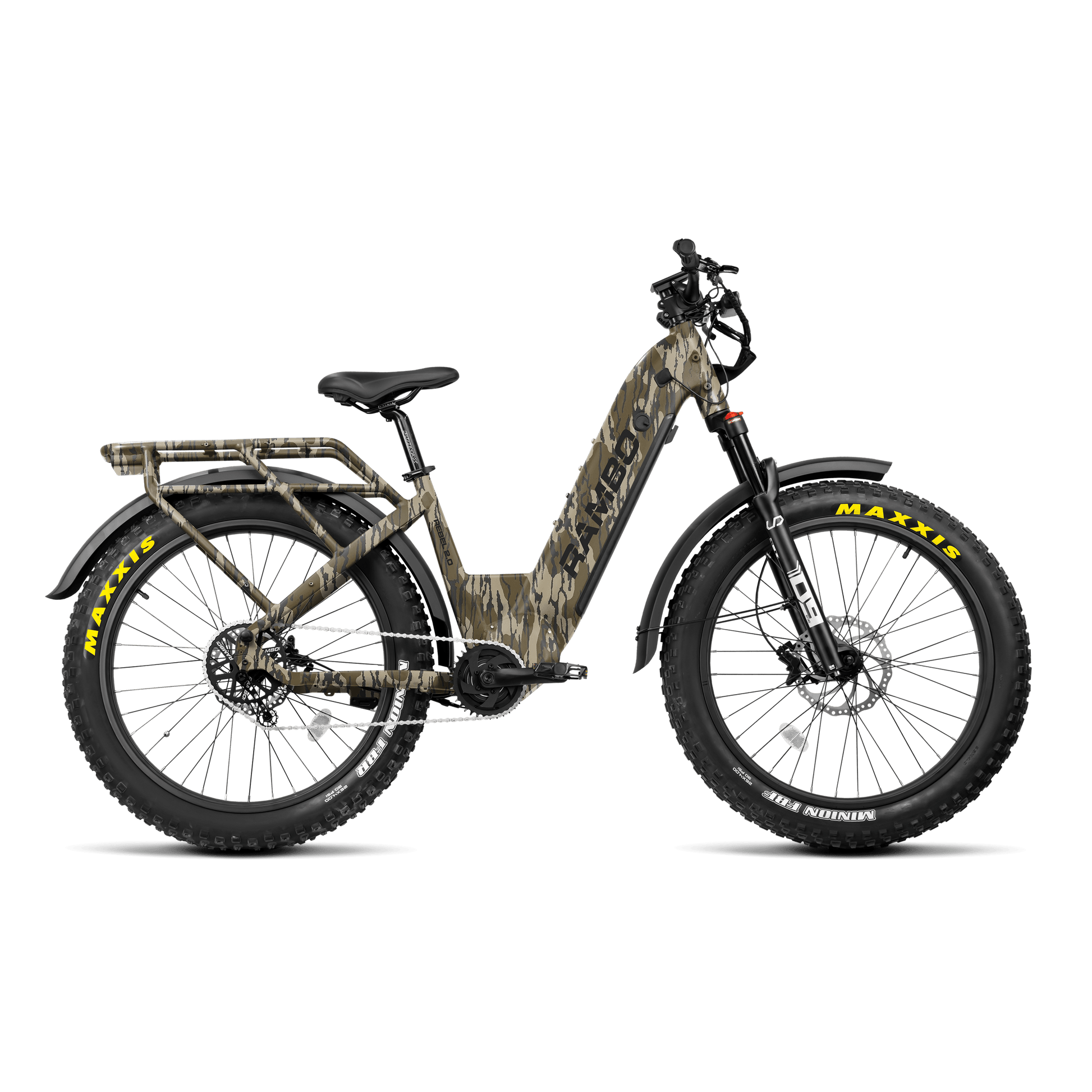Camouflage-patterned electric bike with Maxxis tires on a white background