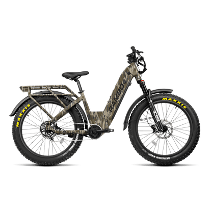 Camouflage-patterned electric bike with Maxxis tires on a white background
