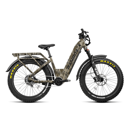 Camouflage-patterned electric bike with Maxxis tires on a white background
