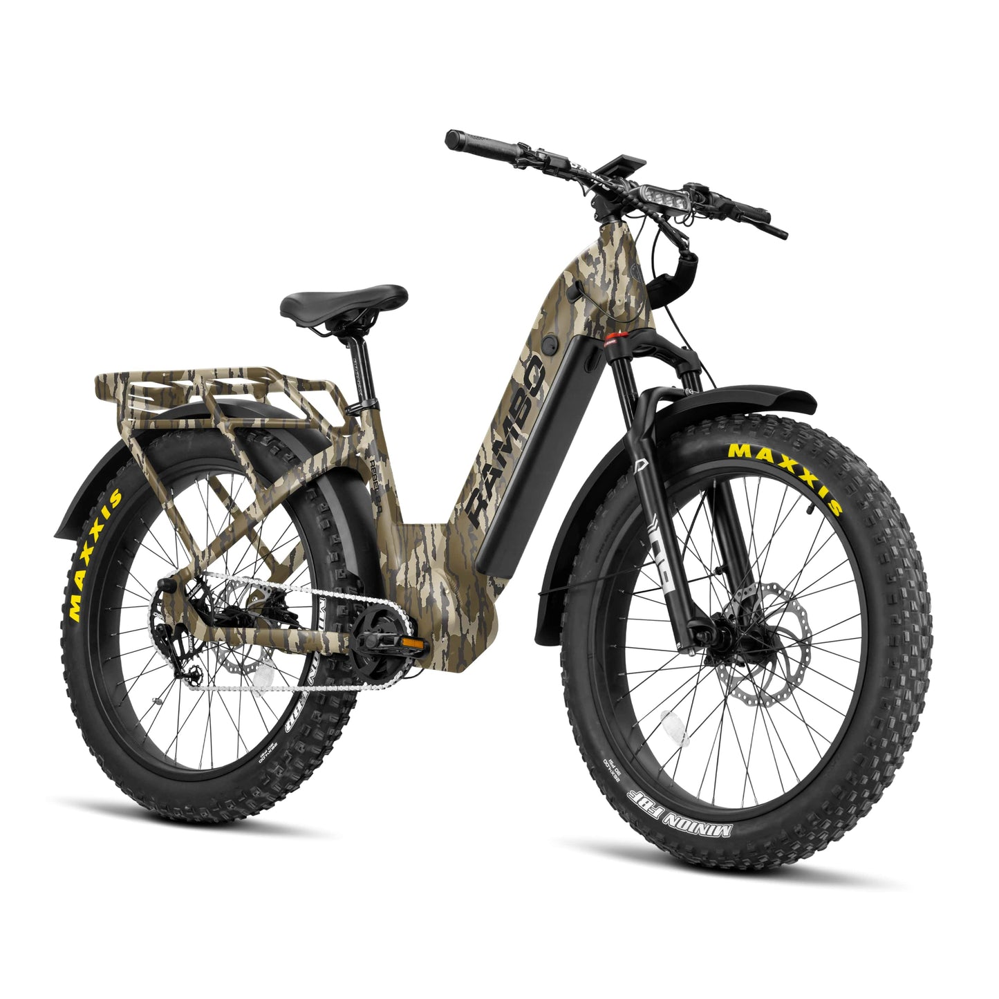 Camouflage electric bike with Maxxis tires on a white background
