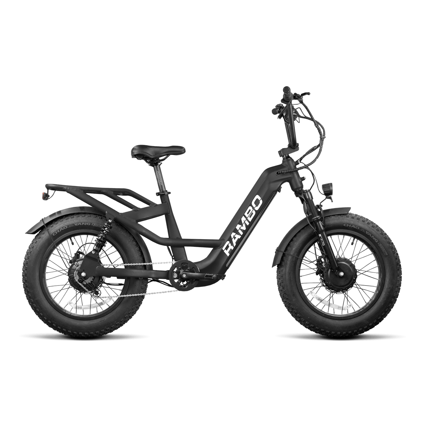 Black electric bike with 'RAMBO' branding on a white background