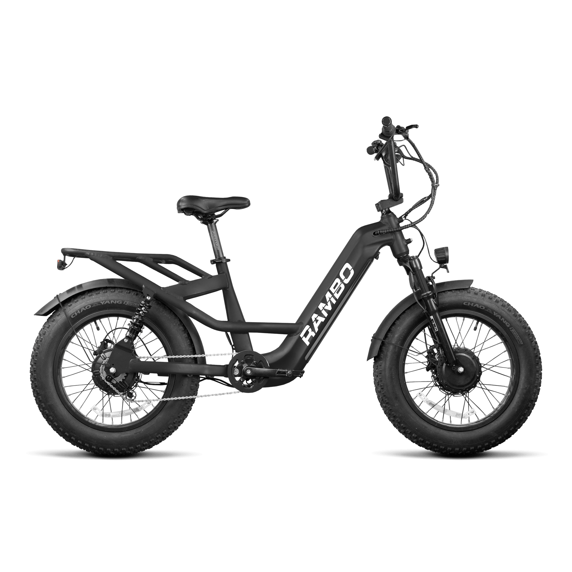 Black electric bike with 'RAMBO' branding on a white background