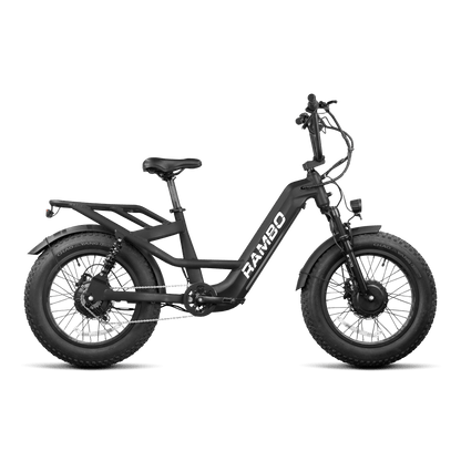 Black electric bike with 'RAMBO' branding on a white background