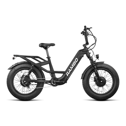 Black electric bike with 'RAMBO' branding on a white background