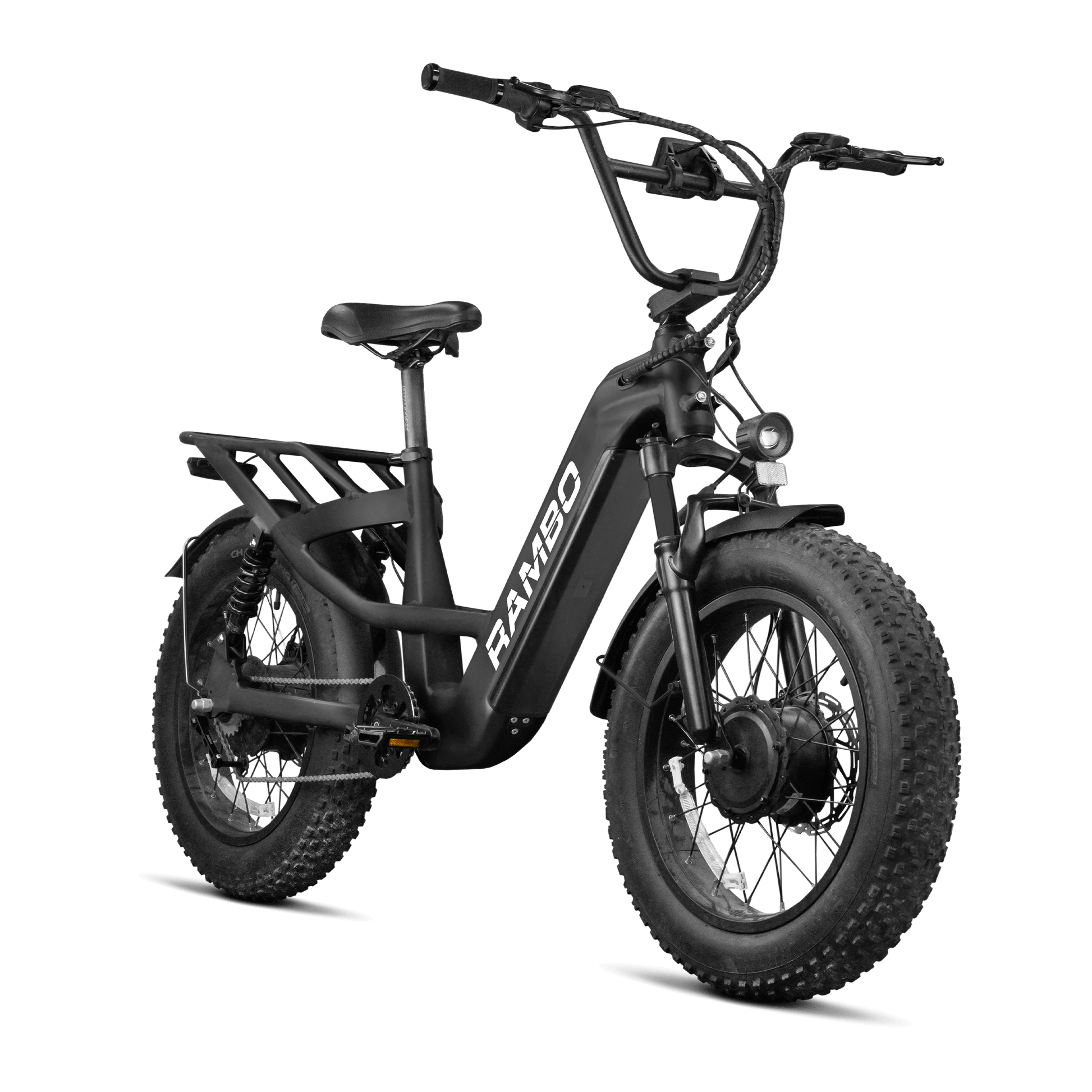 Black electric bike with 'RAMBO' branding on a transparent background