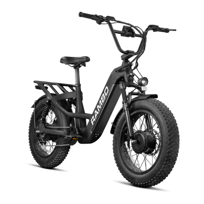 Black electric bike with 'RAMBO' branding on a transparent background
