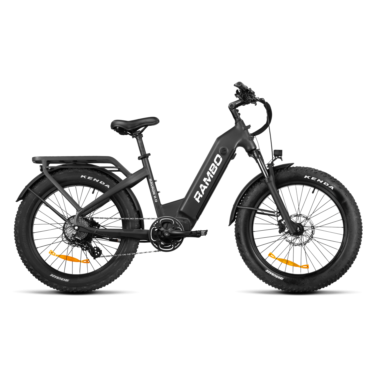 Black electric bike with 'RAMBO' branding on a white background