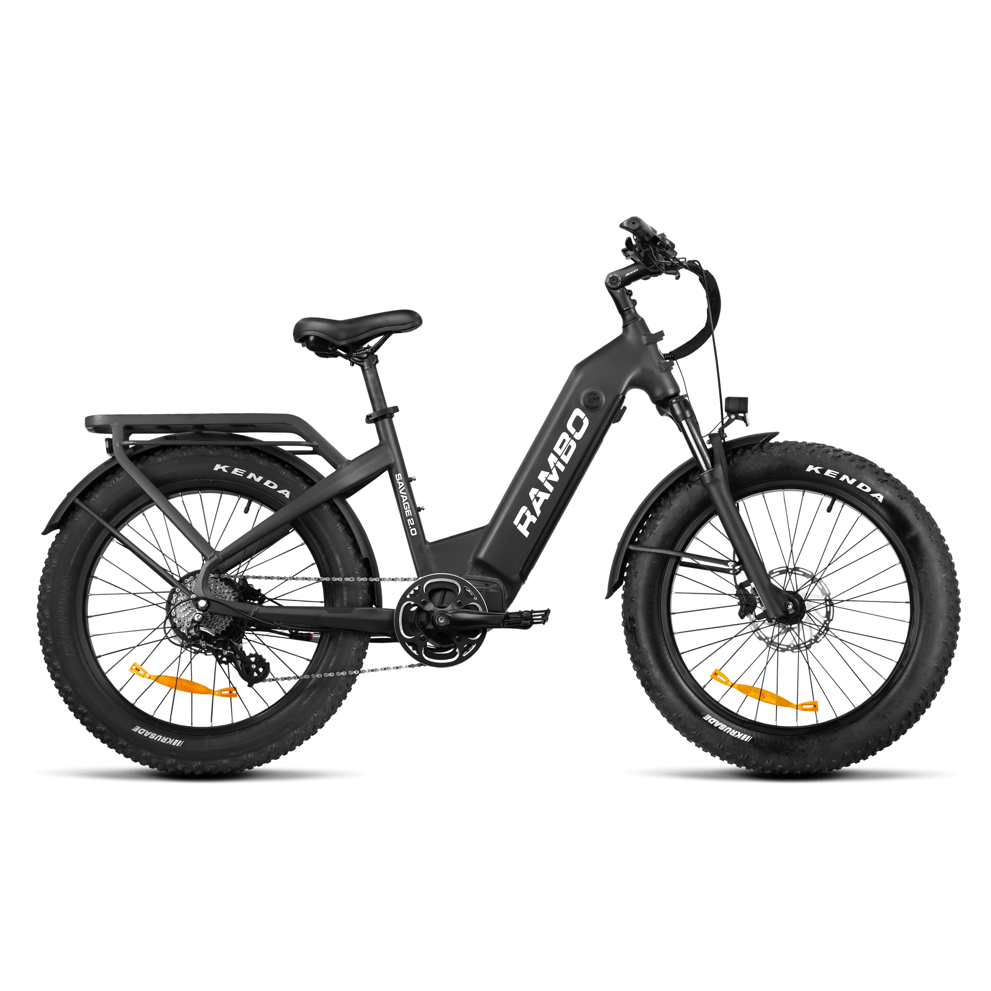 Black electric bike with 'RAMBO' branding on a white background