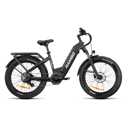 Black electric bike with 'RAMBO' branding on a white background