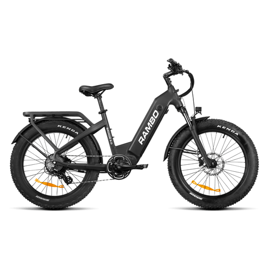 Black electric bike with 'RAMBO' branding on a white background