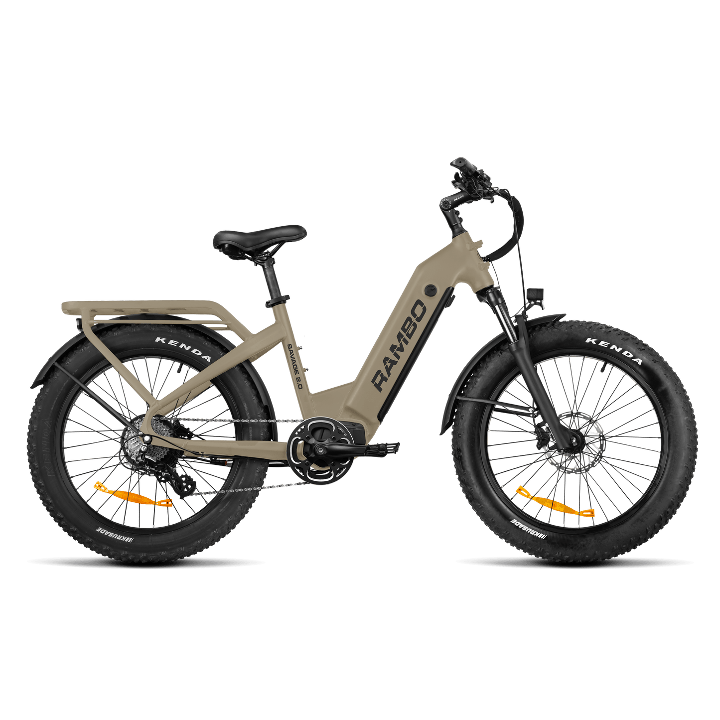 Beige electric bike with Kenda tires on a transparent background