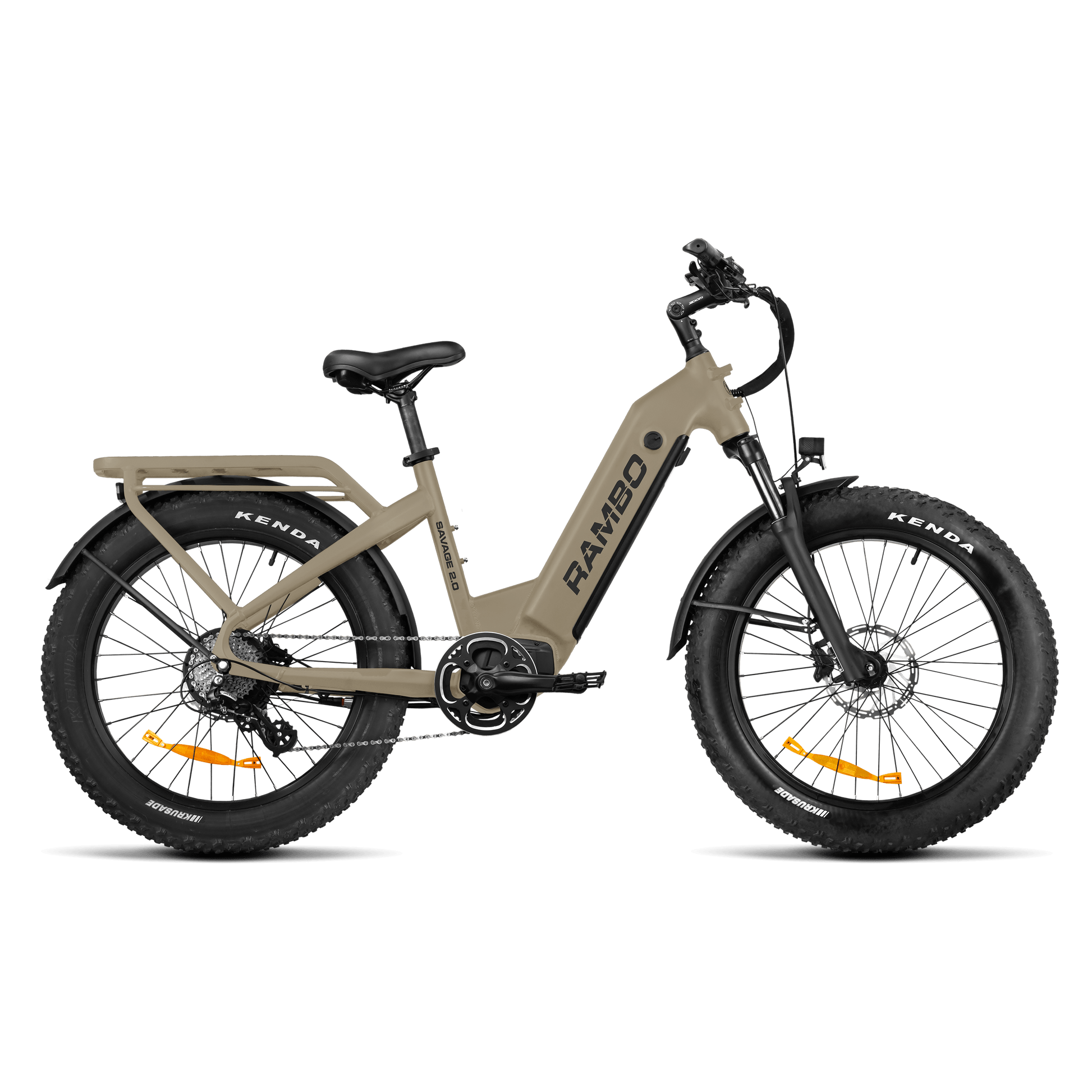 Beige electric bike with Kenda tires on a transparent background